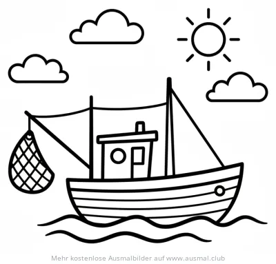 Fischboot Ausmalbild mit Netz, Wolken und Sonne