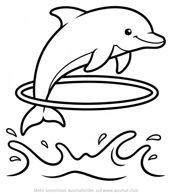 Delfin springt durch Reifen über Wellen Ausmalbild