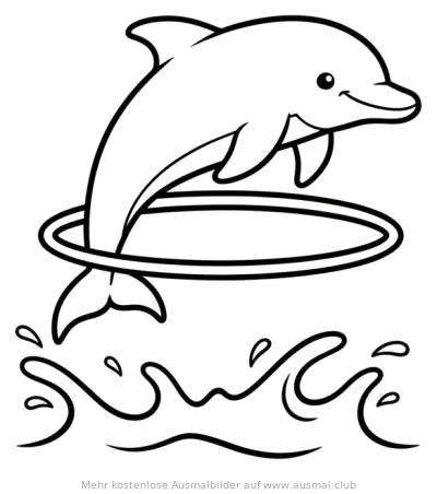 Delfin springt durch Reifen über Wellen Ausmalbild