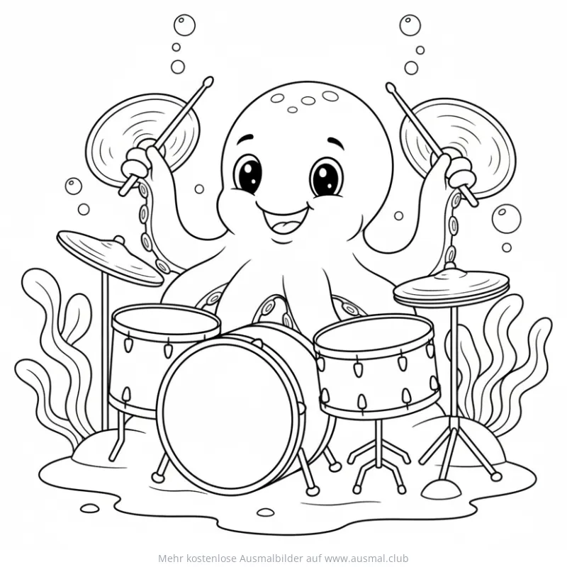 Oktopus spielt Schlagzeug Ausmalbild
