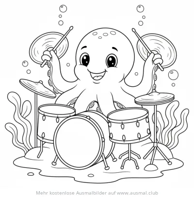 Oktopus spielt Schlagzeug Ausmalbild
