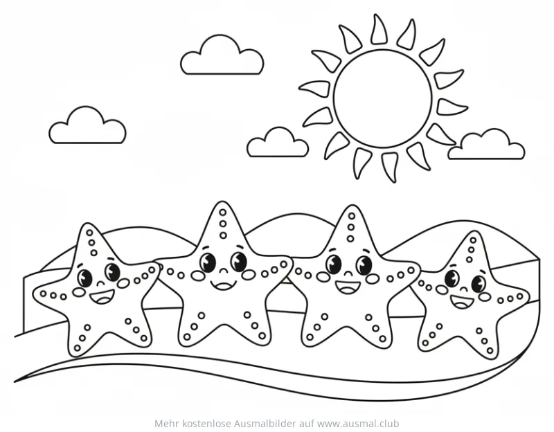 Seestern Familie am Strand Ausmalbild