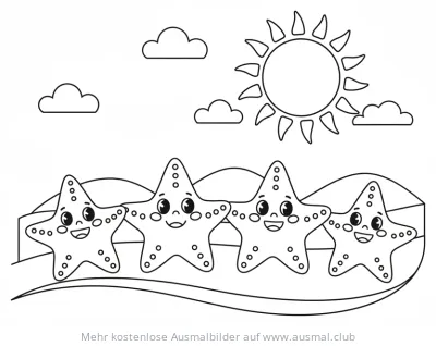 Seestern Familie am Strand Ausmalbild