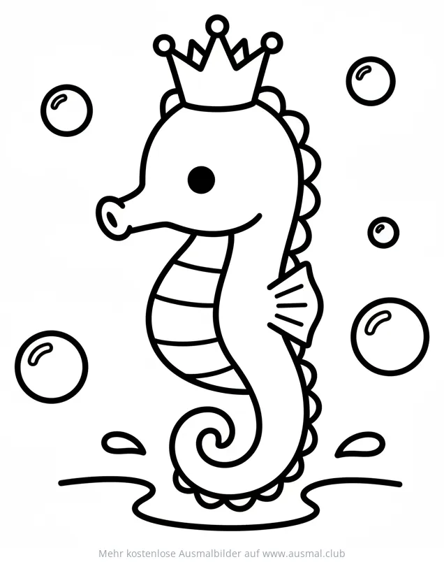 Seepferdchen mit Krone Ausmalbild, umgeben von Blasen