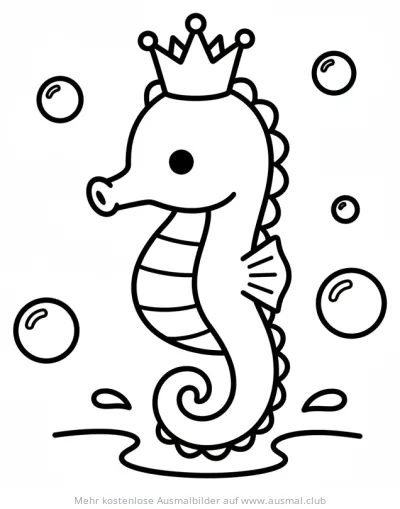 Seepferdchen mit Krone Ausmalbild, umgeben von Blasen