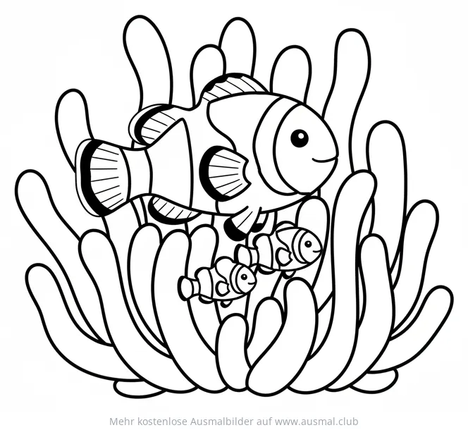 Clownfisch Familie zwischen Anemonen Ausmalbild