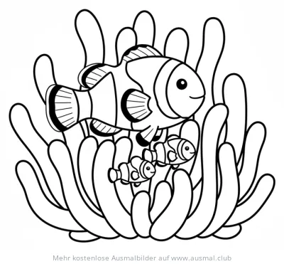 Clownfisch Familie zwischen Anemonen Ausmalbild