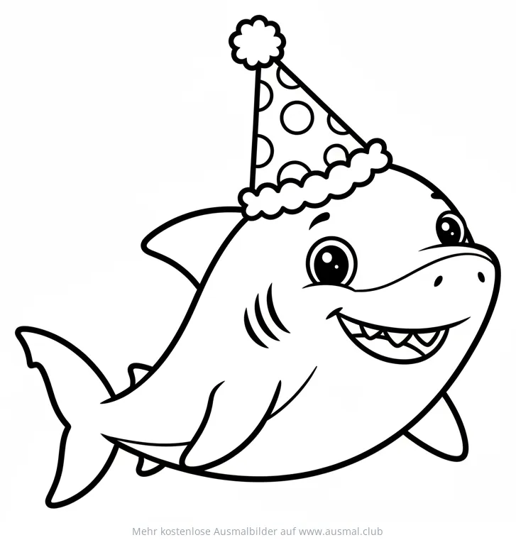 Freundlicher Hai mit Partyhut Ausmalbild