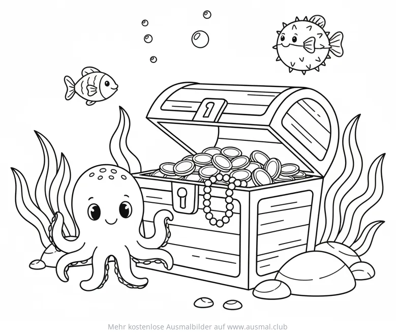 Schatztruhe mit Oktopus und Fischen Ausmalbild