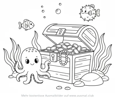 Schatztruhe mit Oktopus und Fischen Ausmalbild