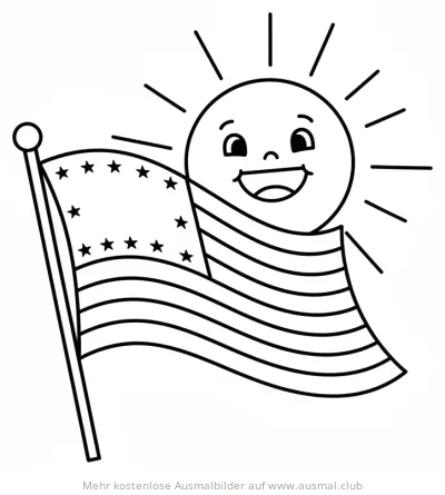 USA Flagge mit freundlicher Sonne Ausmalbild