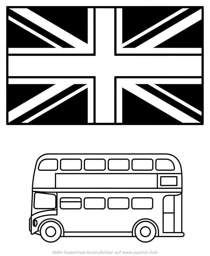 England Flagge und Doppeldeckerbus Ausmalbild