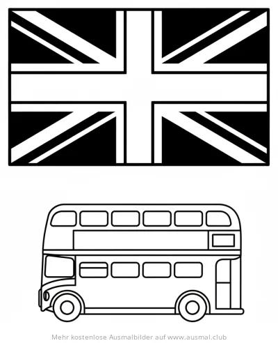 England Flagge und Doppeldeckerbus Ausmalbild