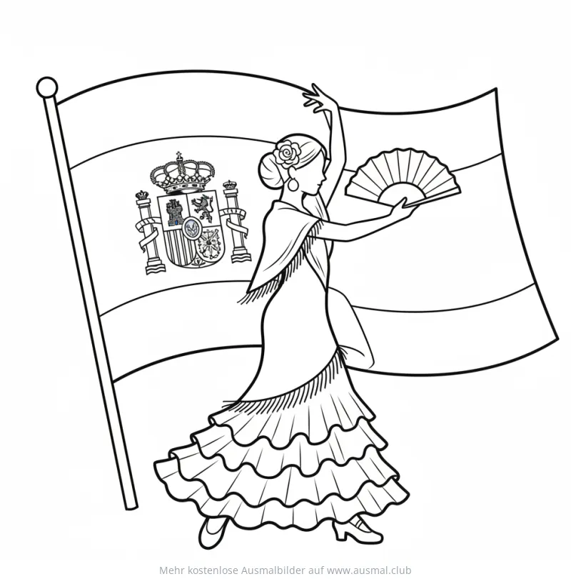 Flamenco-Tänzerin vor spanischer Flagge Ausmalbild