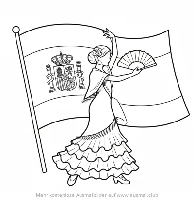 Flamenco-Tänzerin vor spanischer Flagge Ausmalbild