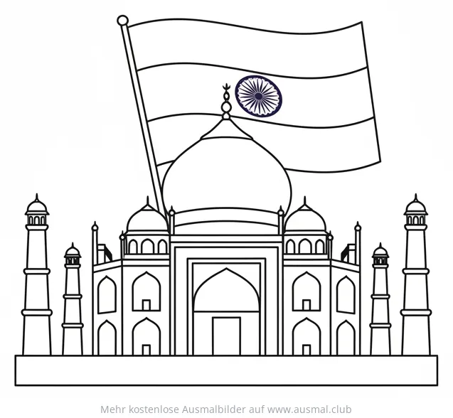 Taj Mahal mit indischer Flagge Ausmalbild