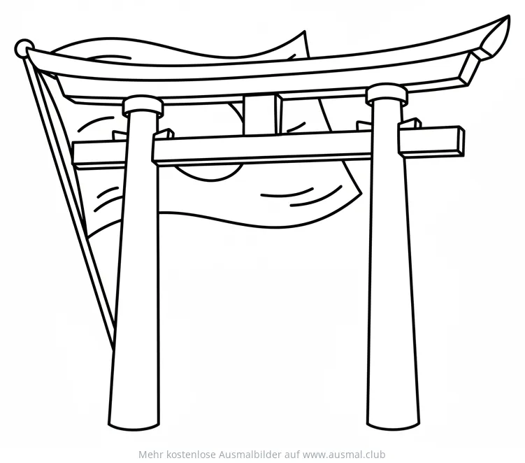 Torii Tor mit japanischer Flagge Ausmalbild