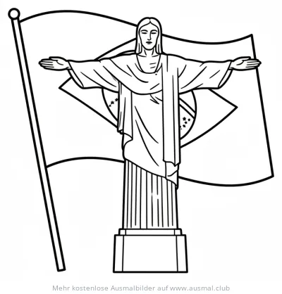 Christusstatue Rio de Janeiro Ausmalbild mit Brasilianischer Flagge
