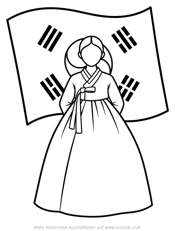 Frau im Hanbok vor koreanischer Flagge Ausmalbild