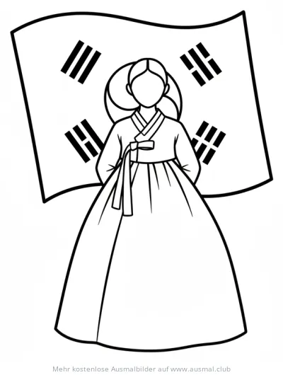 Frau im Hanbok vor koreanischer Flagge Ausmalbild