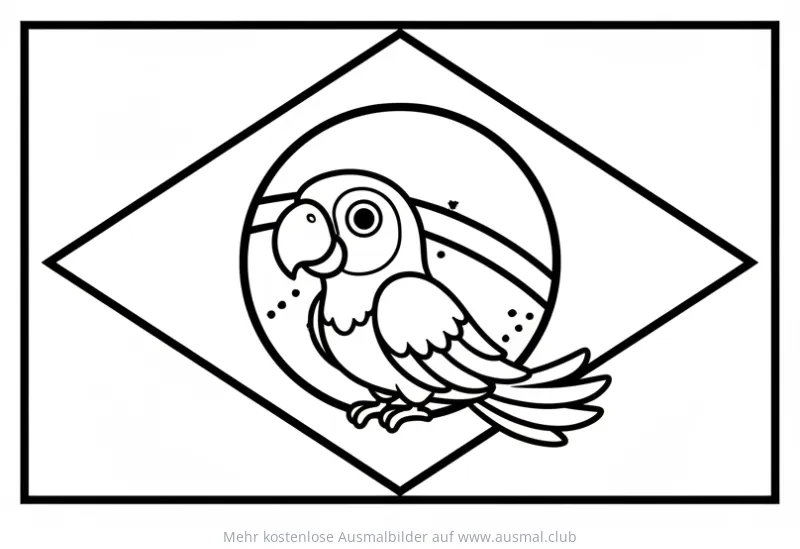 Papagei vor brasilianischer Flagge Ausmalbild