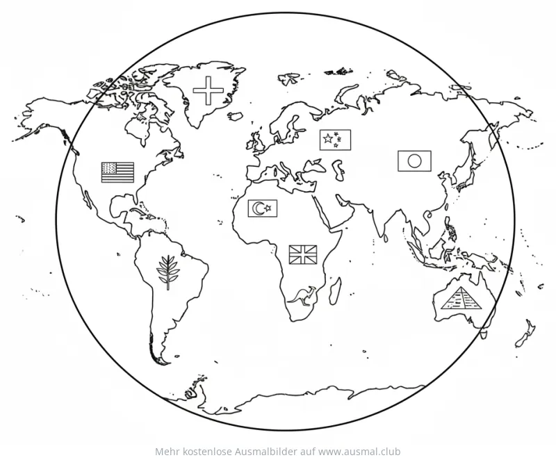 Weltkarte mit Flaggen verschiedener Länder Ausmalbild