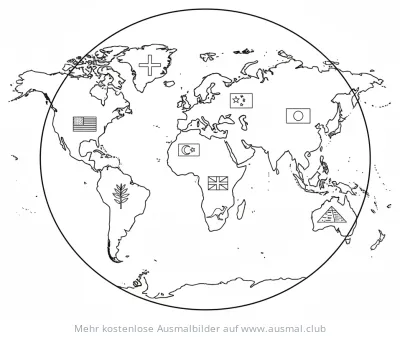 Weltkarte mit Flaggen verschiedener Länder Ausmalbild