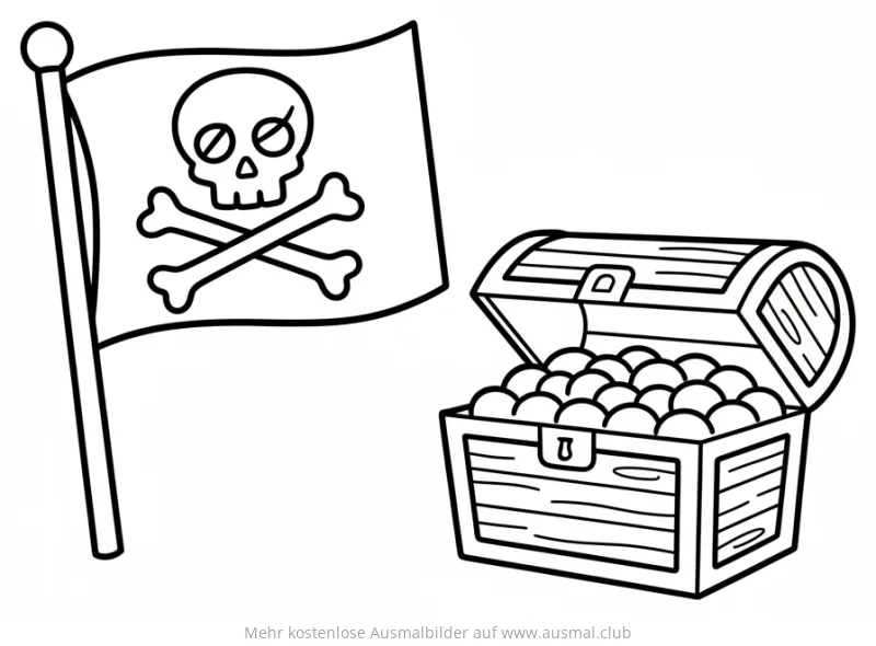 Piratenflagge mit Schatztruhe Ausmalbild