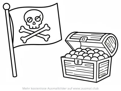 Piratenflagge mit Schatztruhe Ausmalbild