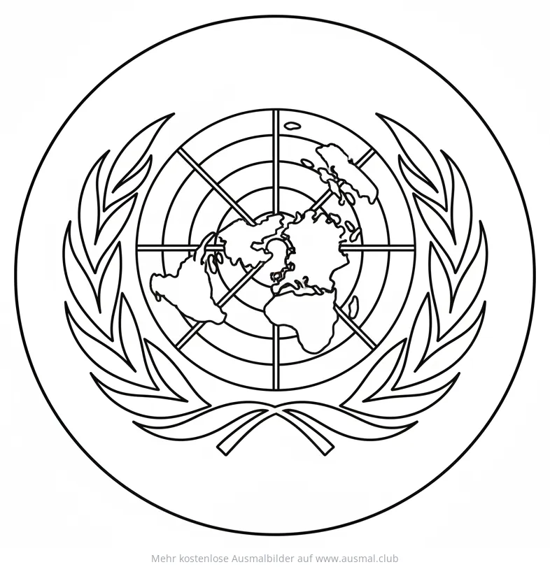 UNO Logo Ausmalbild mit Weltkarte und Olivenzweigen