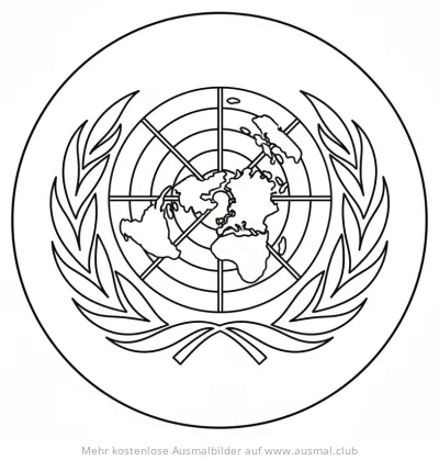 UNO Logo Ausmalbild mit Weltkarte und Olivenzweigen