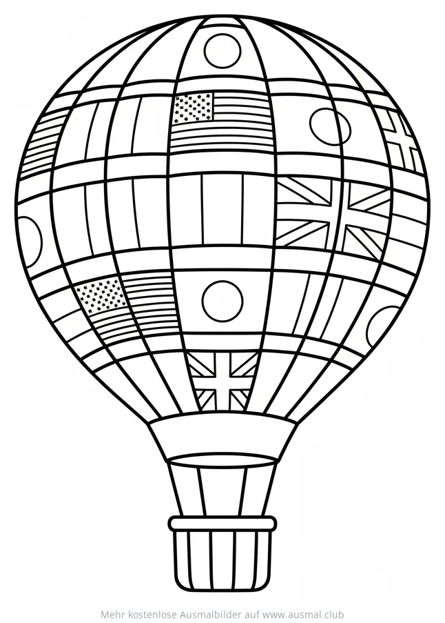 Heissluftballon mit Länderflaggen Ausmalbild