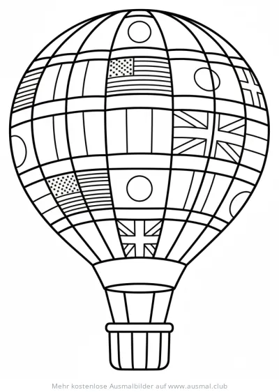 Heissluftballon mit Länderflaggen Ausmalbild