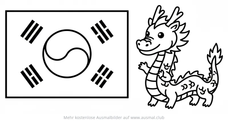 Korea Flagge mit freundlichem Drachen Ausmalbild