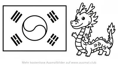 Korea Flagge mit freundlichem Drachen Ausmalbild