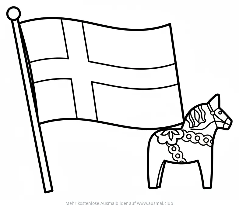 Schwedische Flagge mit Dala Pferd Ausmalbild