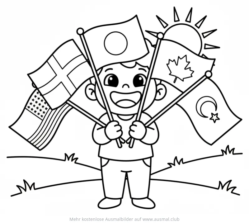 Junge hält fünf internationale Flaggen Ausmalbild