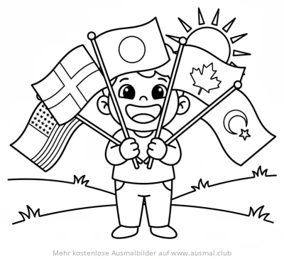 Junge hält fünf internationale Flaggen Ausmalbild