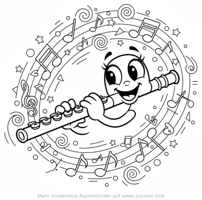 Fröhliche Flöte Cartoon Ausmalbild mit Noten
