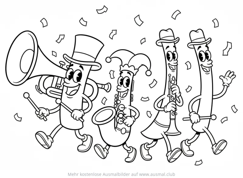 Fröhliche Blasinstrumente Parade Ausmalbild