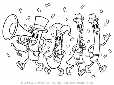 Fröhliche Blasinstrumente Parade Ausmalbild