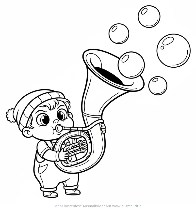 Junge spielt Tuba mit Seifenblasen Ausmalbild