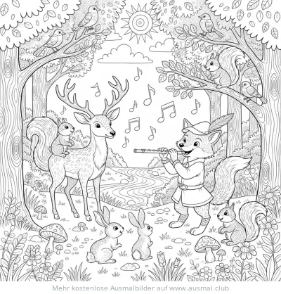 Waldtiere mit Fuchs, Reh, Hasen und Eichhörnchen mit Flöte Ausmalbild