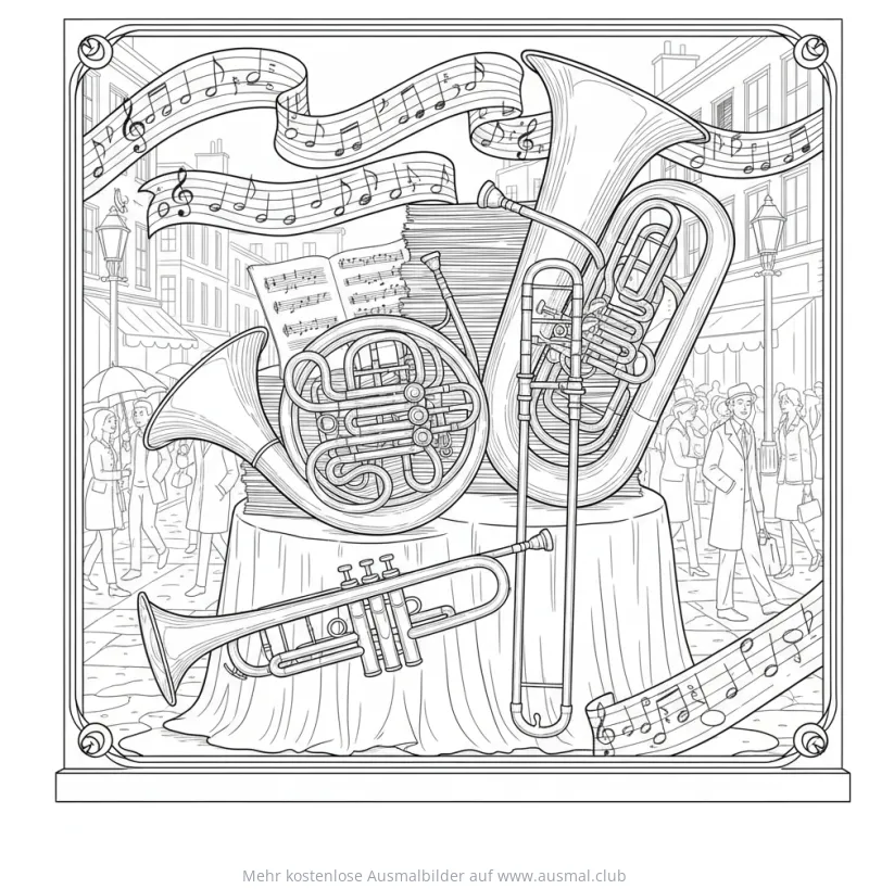 Blasinstrumente Ausmalbild vor Musikgeschäft