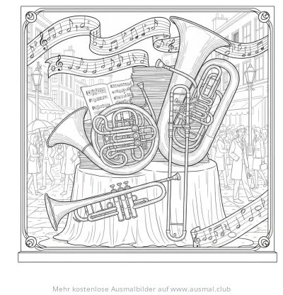 Blasinstrumente Ausmalbild vor Musikgeschäft