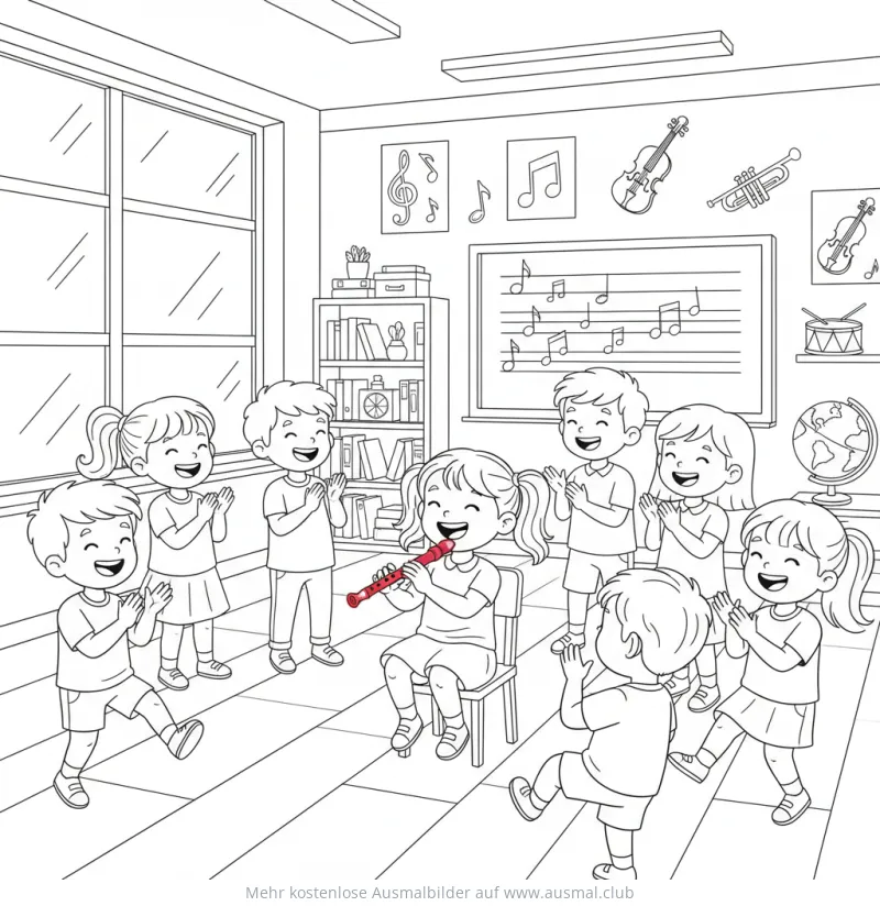 Mädchen spielt Flöte im Klassenzimmer Ausmalbild