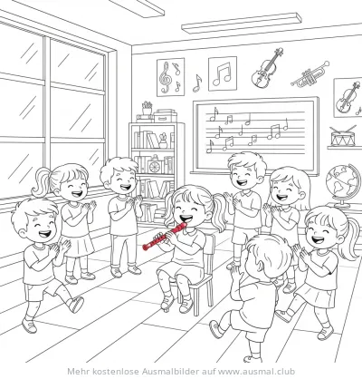 Mädchen spielt Flöte im Klassenzimmer Ausmalbild