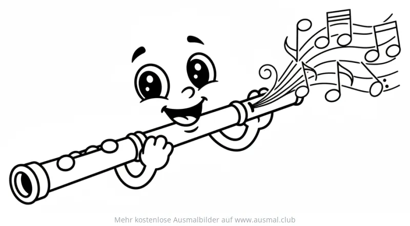 Cartoon Flöte mit Gesicht spielt Noten Ausmalbild