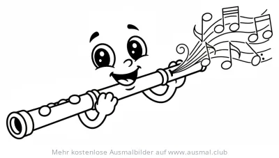 Cartoon Flöte mit Gesicht spielt Noten Ausmalbild