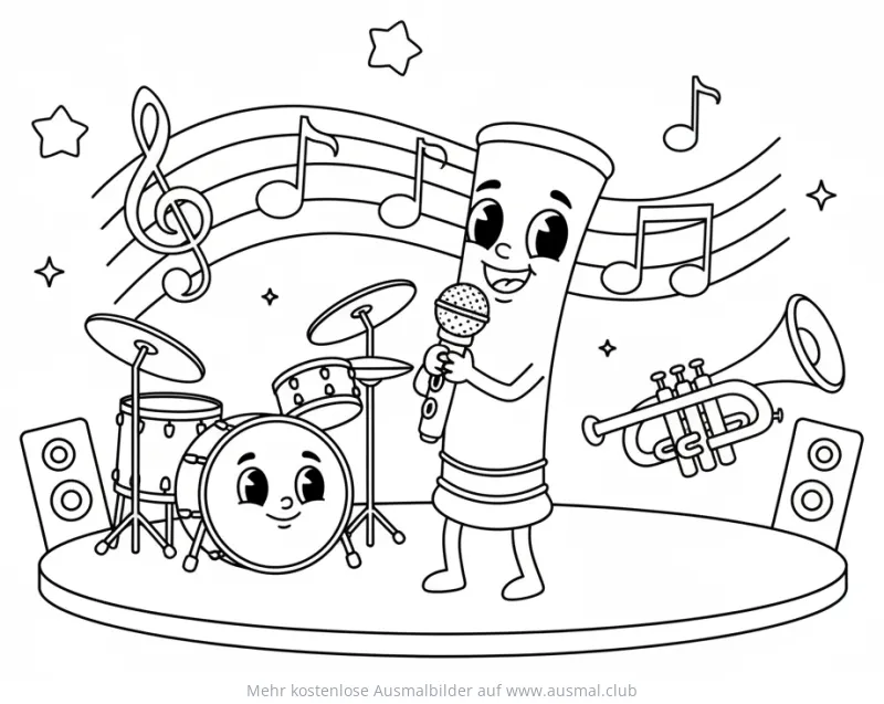 Flöte Ausmalbild mit Orchester Instrumenten auf Bühne